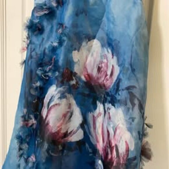 NEW Marchesa Notte 3D FLORAL SLEEVELESS PRINTED ORGANZA MIDI DRESS IN BLUE - Picture 6 of 8